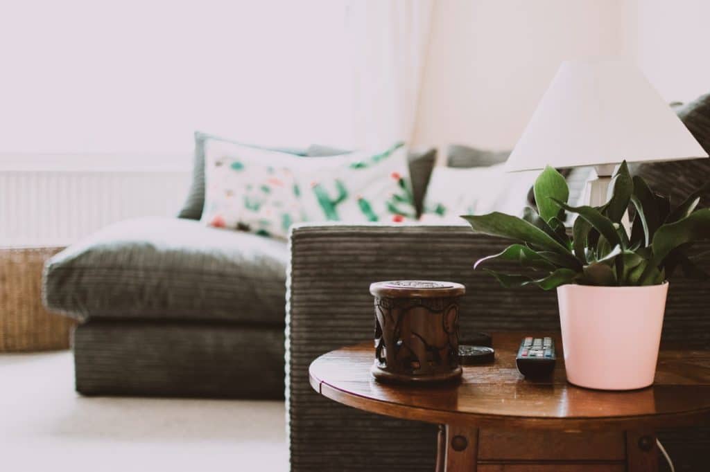 cozy living room with candle and plant