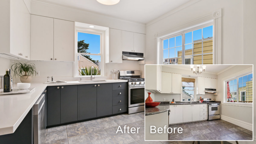 Before/after image of presale ROI home improvements to a San Francisco kitchen