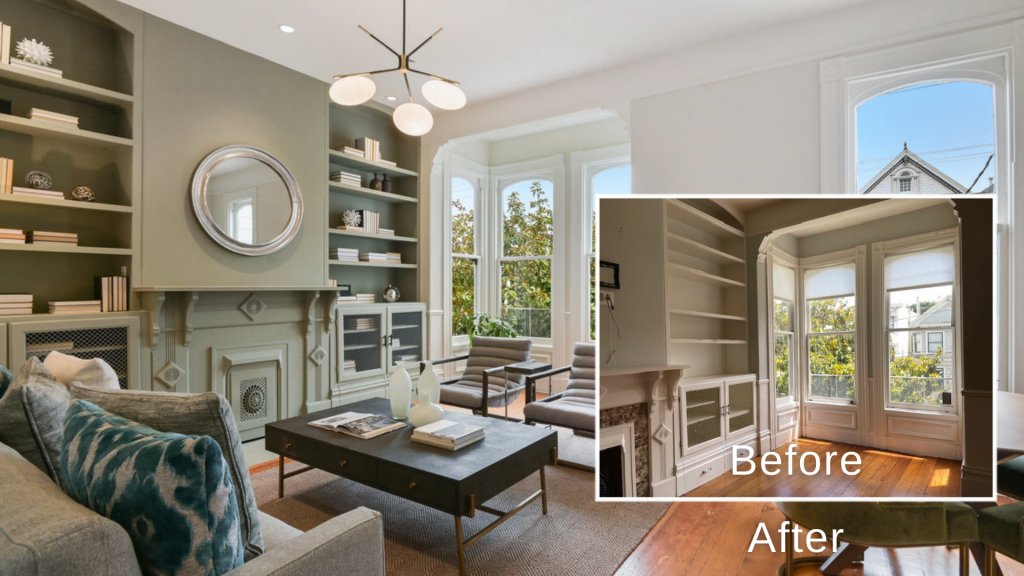 Before/after image of presale ROI home improvements to a San Francisco living room