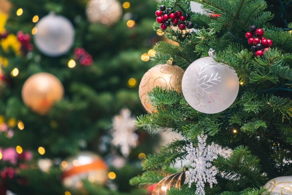close-up image of a Christmas tree with ornaments
