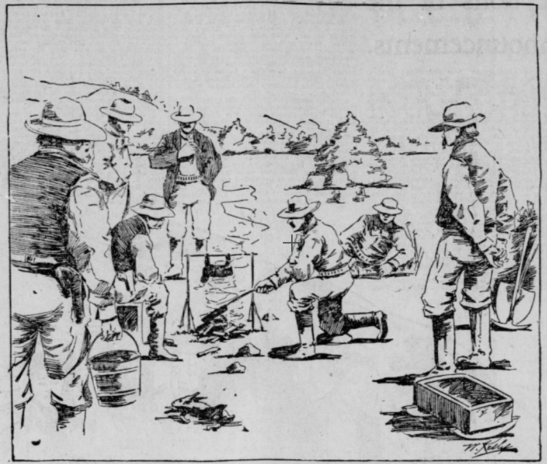Artist's drawing of 1850 gold prospectors cooking a rabbit over an open flame, from the San Francisco Call newspaper