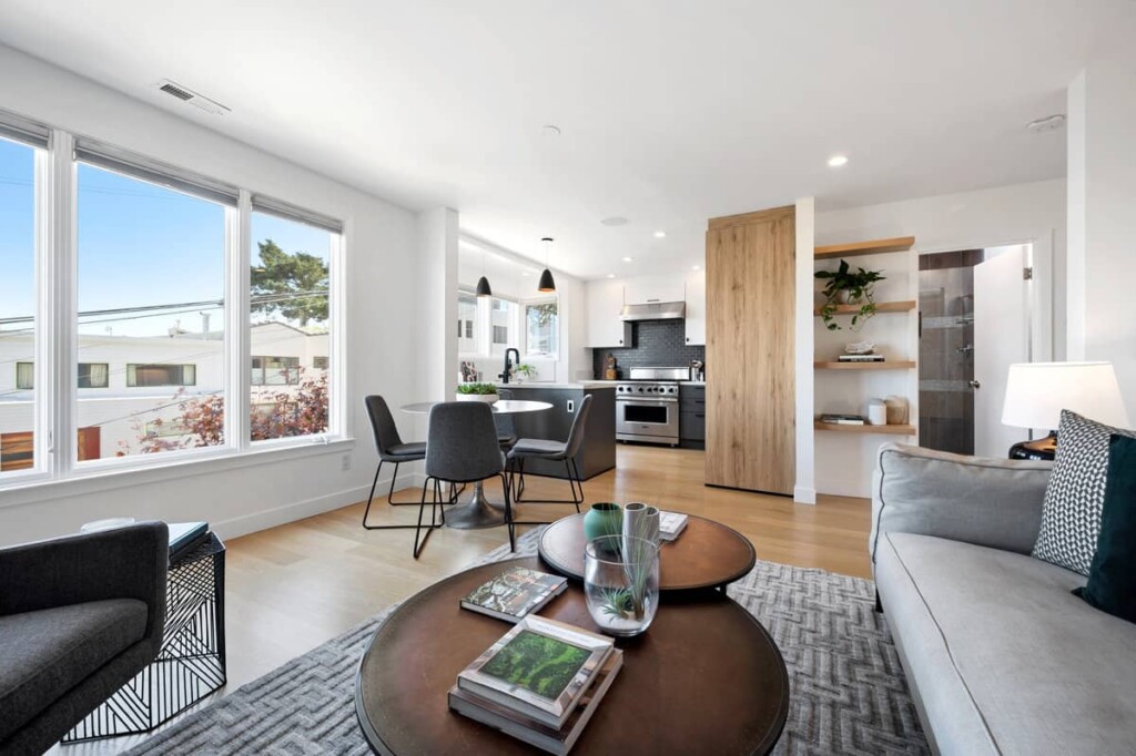 Contemporary styled interior living room, dining area and kitchen of a home in Noe Valley sold by Danielle Lazier Vivre Real Estate Agents San Francisco.