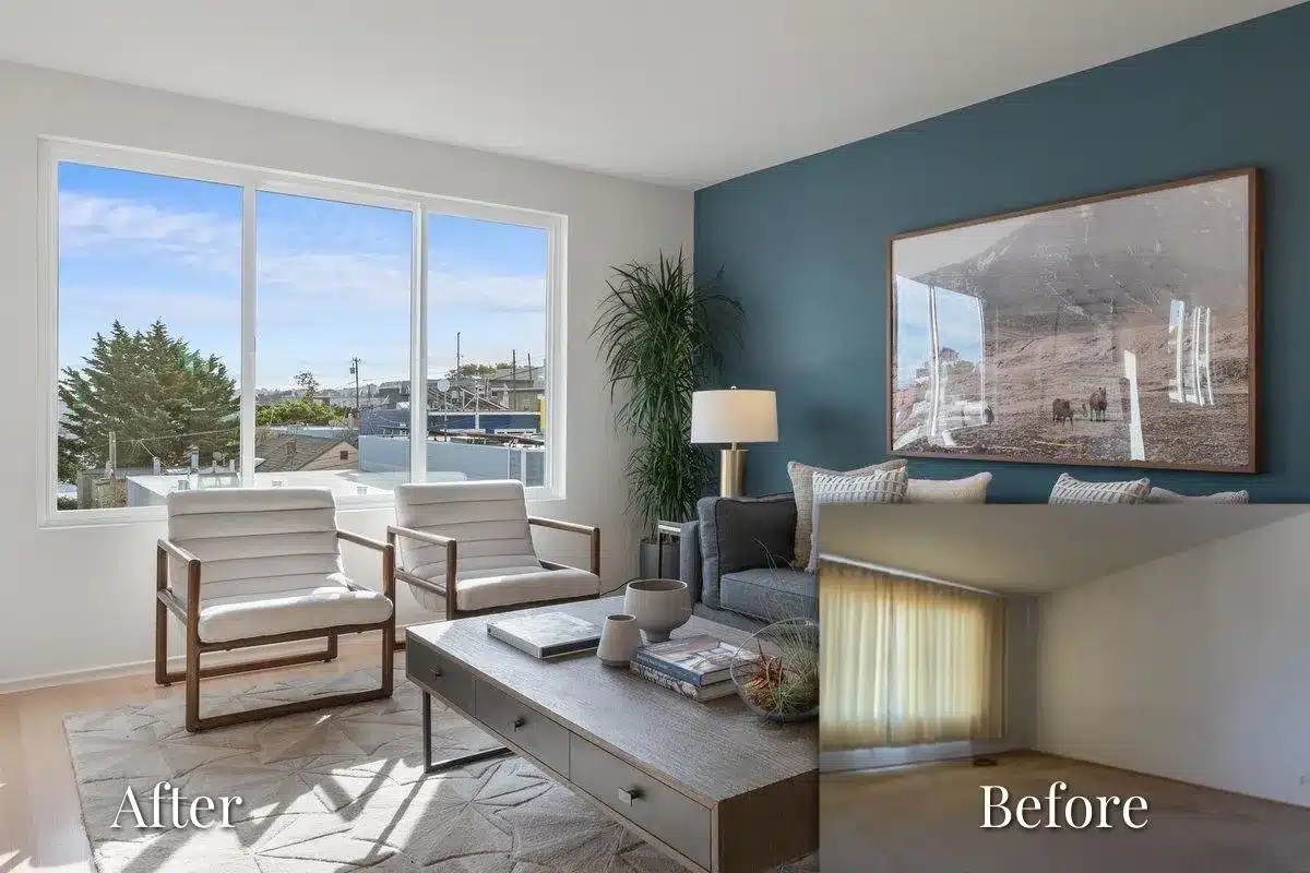 Before/after photo of living room interior of Bernal Heights home featured in as-is or fix up case study example sold by Danielle Lazier Vivre Real Estate.