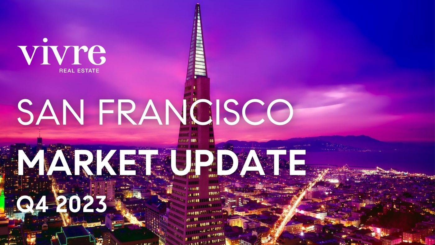 View of San Francsico downtown at night with text, san francisco real estate market update q4 2023