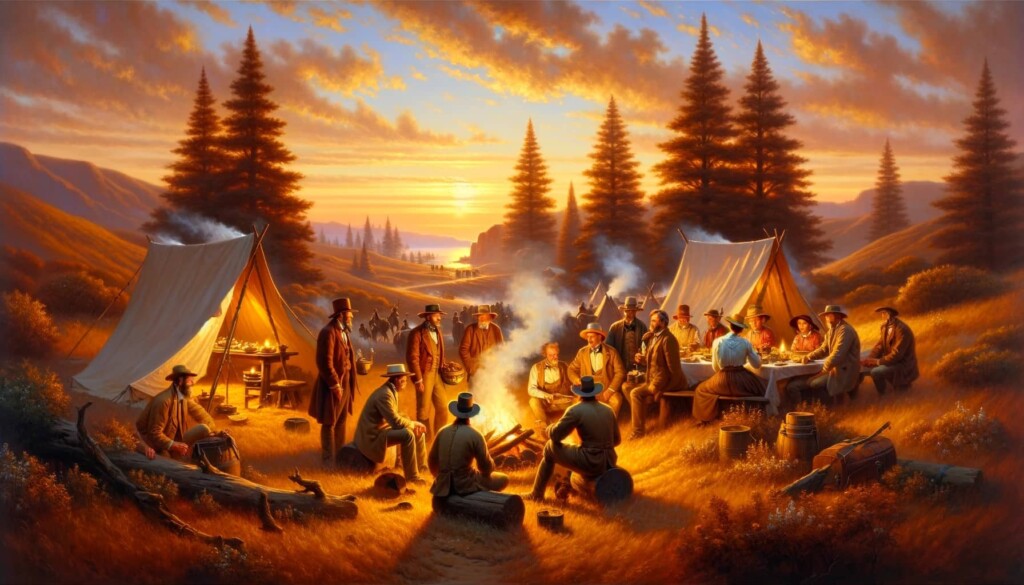 A scene of Gold Rush-era men around a campfire celebrating the first San Francisco Thanksgiving in a serene and picturesque setting