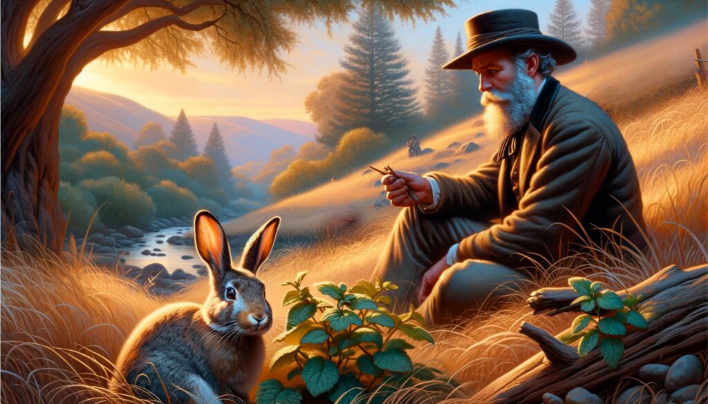 Digital art of a 19th-century man next to a rabbit.