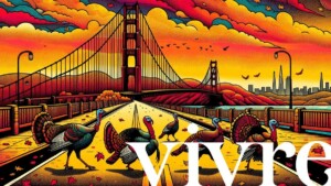 Colorful art of turkeys walking in front of the Golden Gate Bridge
