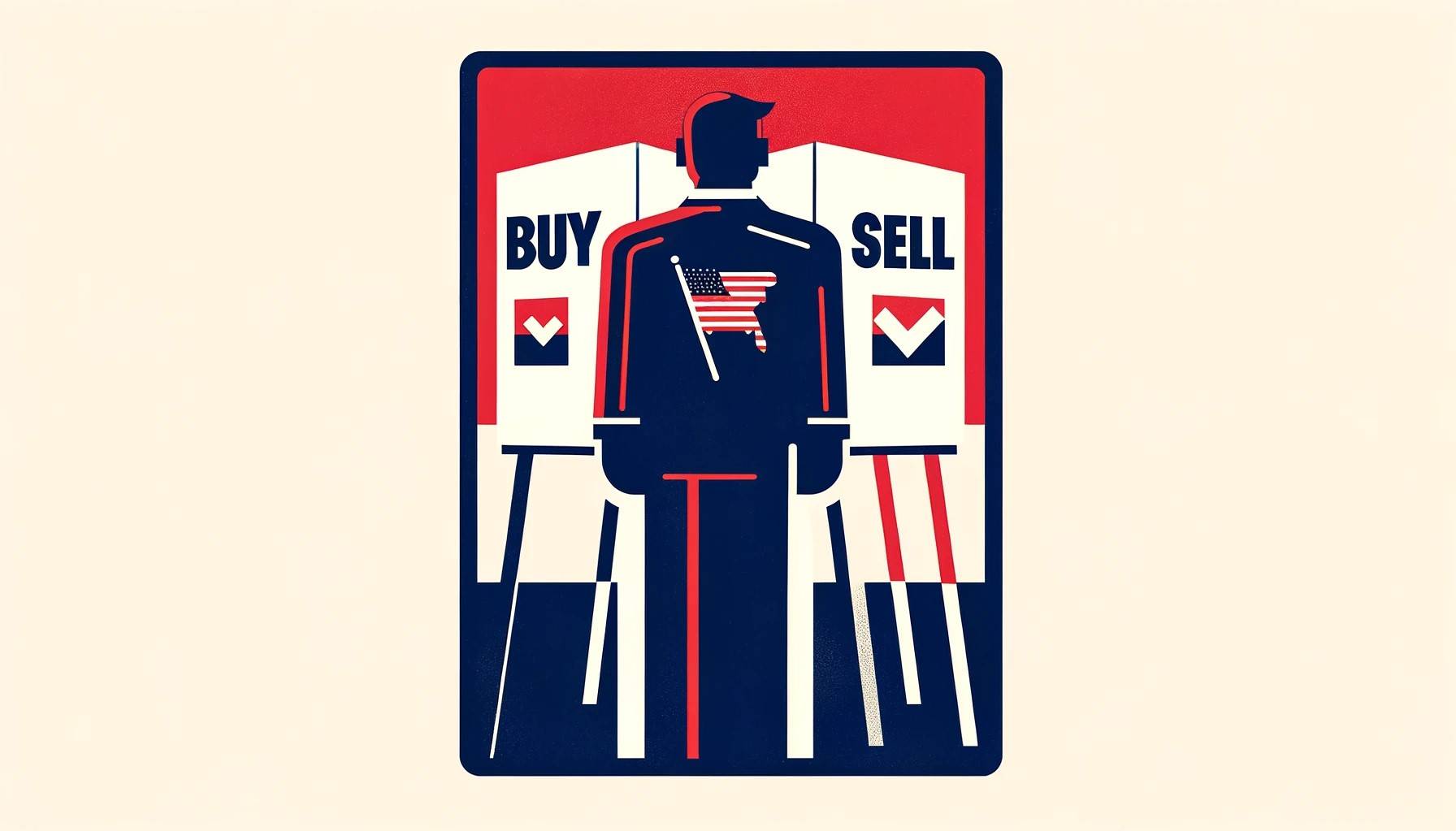Minimalist illustration of a person in a voting booth, with red, white, and blue color scheme, choosing between 'buy' and 'sell' options to symbolize real estate decisions during election years.
