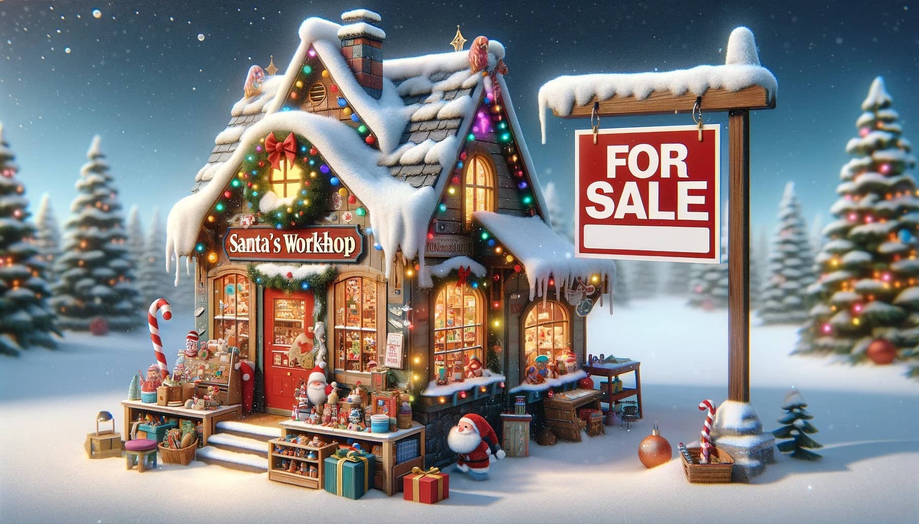 Art depicting Santa's Workshop with a "For Sale" depicting how to sell a home during the holidays in san francisco