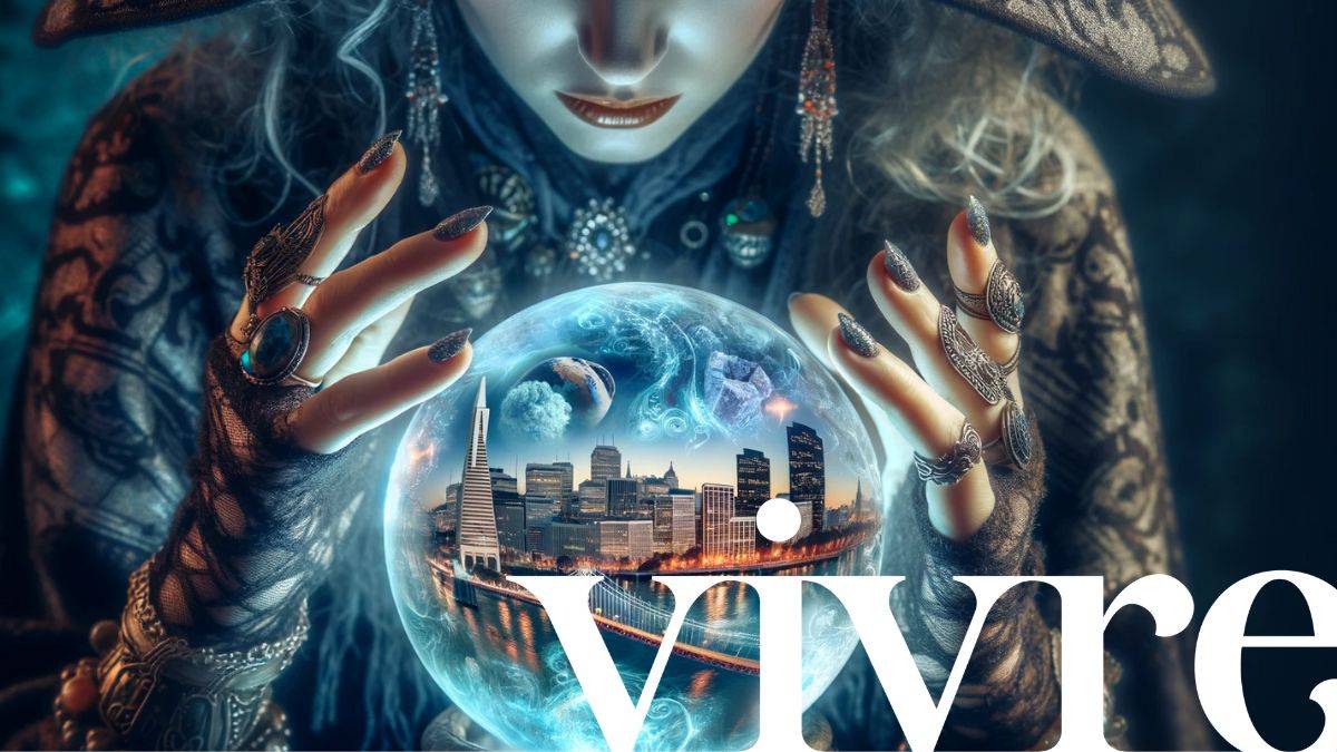 Vivre Real Estate logo over a witchy woman with a crystal ball scrying into San Francisco real estate predictions for 2024