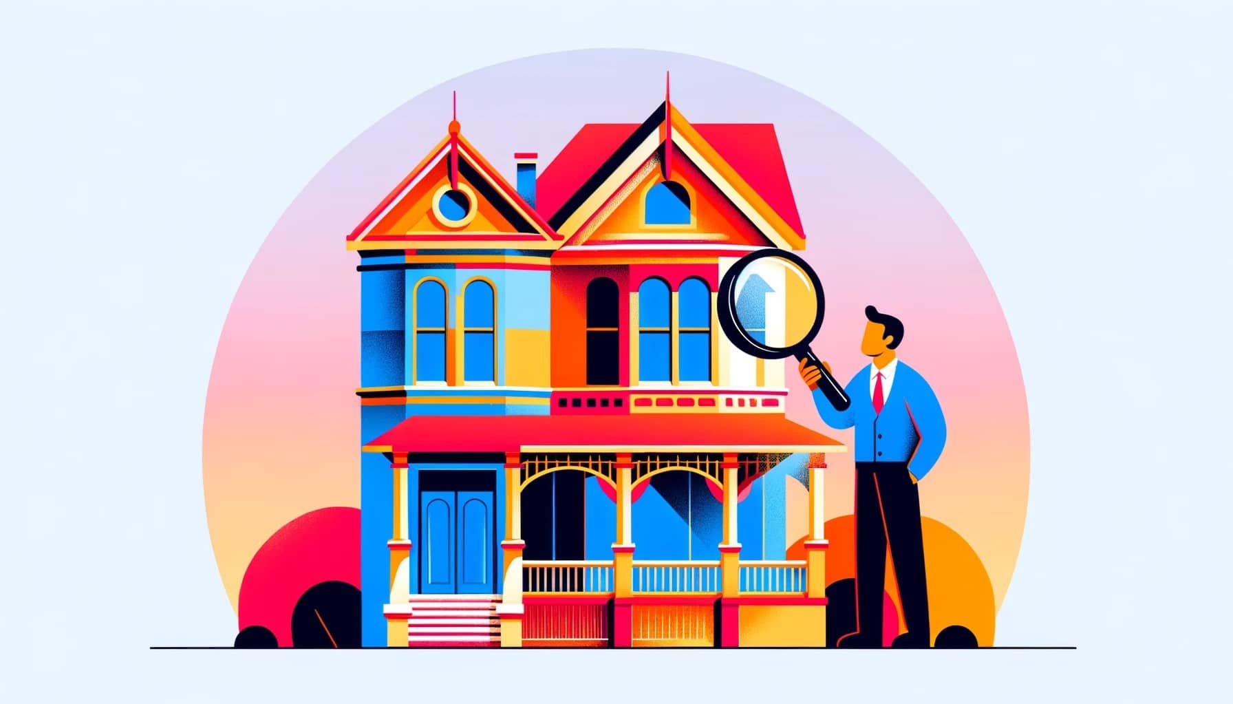 Minimalist illustration of a person using a magnifying glass to examine a colorful San Francisco Victorian home, symbolizing in-depth property research.