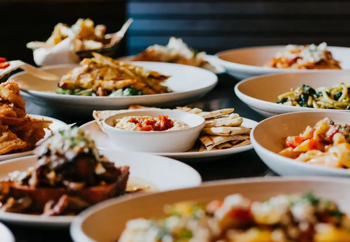Spread of Greek Dishes Served Family Style at Novy Restaurant in San Francisco