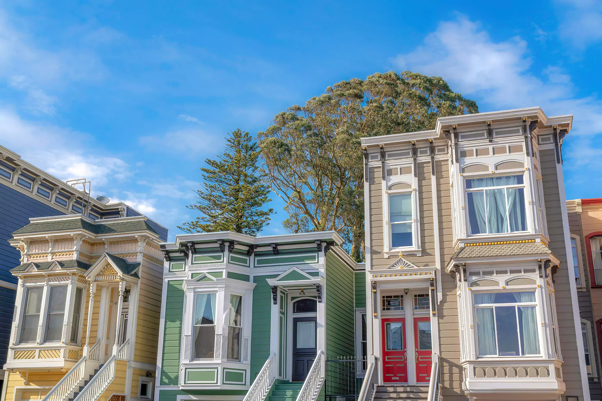 San Francisco street with colorful houses in a row with a nice tree and blue sky in the background