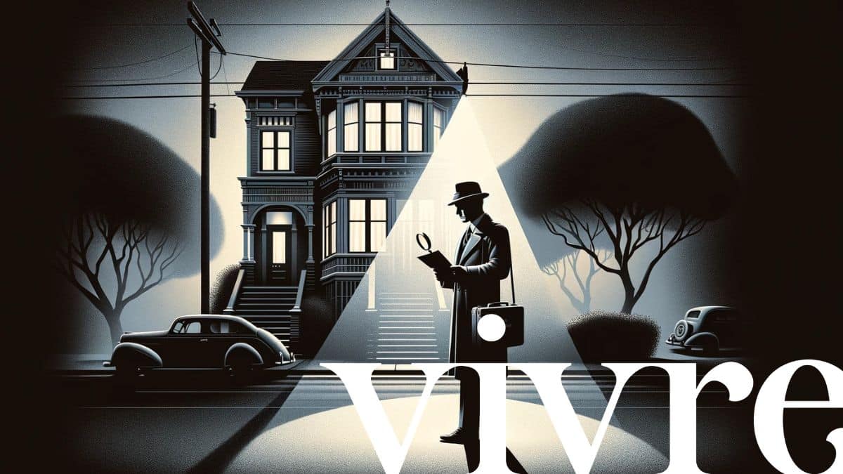 Vivre logo over a noir style graphic of a private eye looking at documents with a magnifying glass, representing research into San Francisco property tax records.