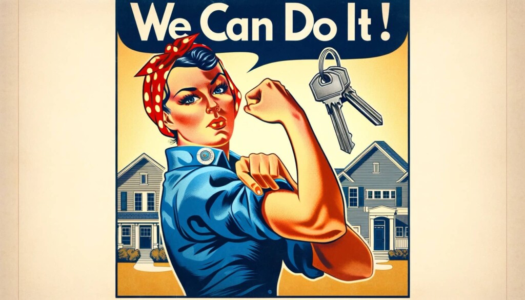 An image inspired by 'Rosie the Riveter' and tailored to the theme of a woman homebuyer. It features a single woman in the iconic pose, holding keys to symbolize her homeownership, set against a stylized background representing the  single woman homebuyer in San Francisco housing market.
