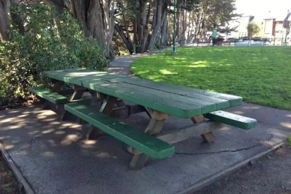 Long green double picnic table with views of open green space and treest at McKinley Square