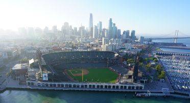 Aerial View of Oracle Park and San Francisco City Skyline in the Background