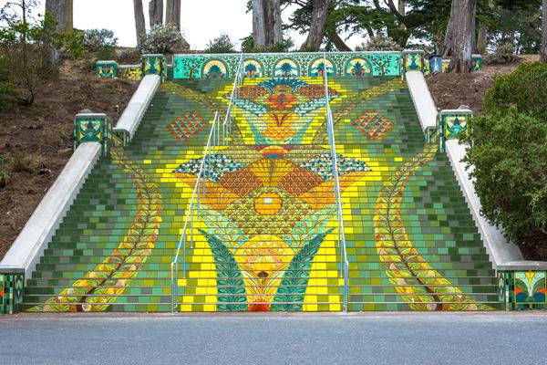 View of the steep and colorful painted Lincoln Park steps in San Francisco