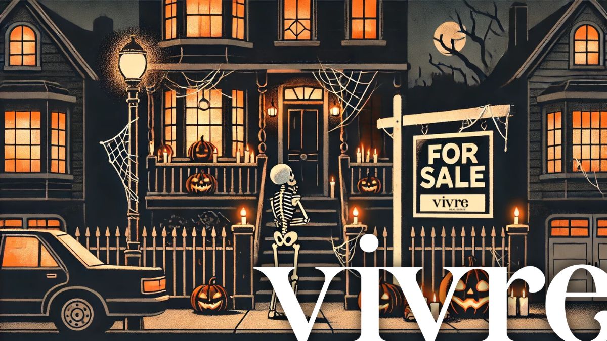 Haunting Home Updates: SF Real Estate & Halloween 2024 - drawing of a skeleton standing before a San Francisco home for sale listed by top agents Danielle Lazier and Vivre