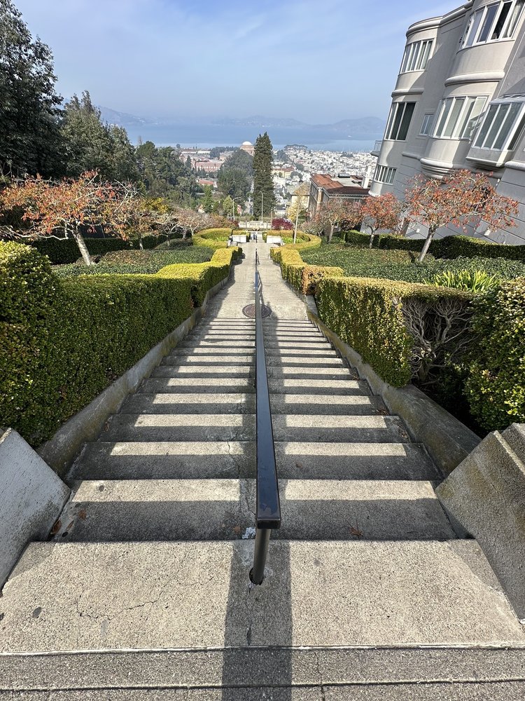 Hilltop view of San Francisco and the bay looking down from the top of the Lyon Street Steps