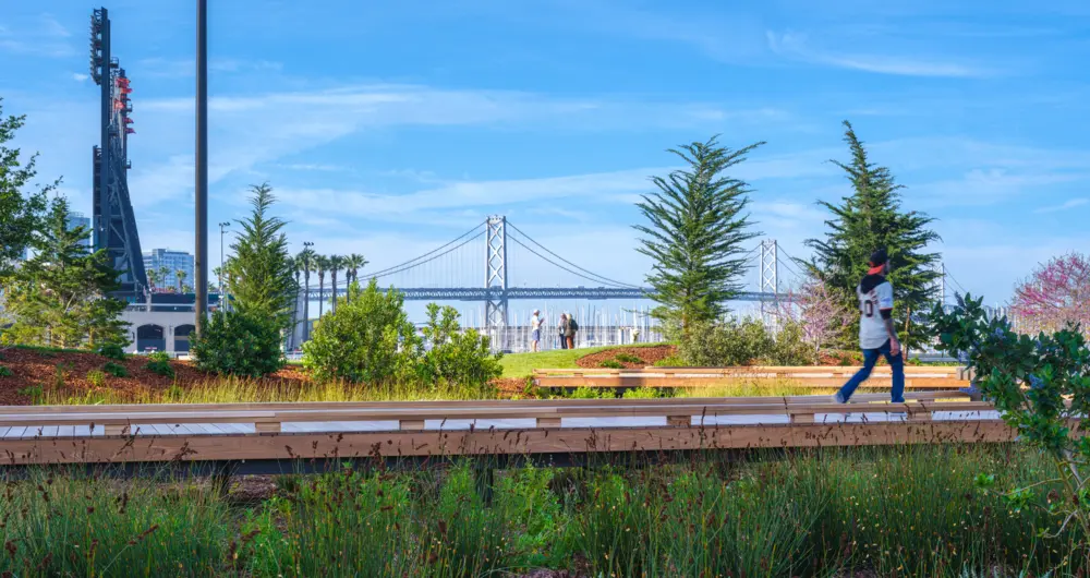 Man in a backwards baseball cap and SF Giants jersey walking along a wooden boardwalk surrounded by greenery at China Basin Park, with views of Oracle Park, the bay, and the SF Oakland Bay Bridge in the background