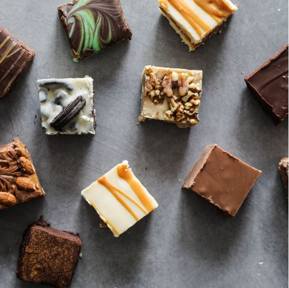 Assortment of fudge squares from Z. Cioccolato including flavors of cookies and cream, mint swirl, and dark chocolate