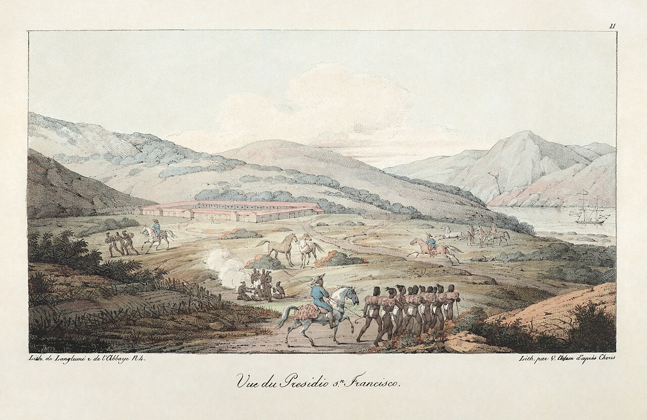 San Francisco history and real estate image - Painting by Victor Adam after Louis Choris: Vue du Presidio san Francisco, 1822